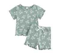 Loalirando Kleinkinder Baby Mädchen Sommer Kleidung Set Kurzarmes Geripptes T-Shirt + Shorts Bekleidungssets für Baby-Mädchen (Gerippt Weiße Schleife Grüngrau, 18-24 Monate)