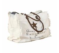 Loberon Tasche Friedrich, Vintage-Print, Stern mit Zier-Schlüsselchen, Natürlicher Material-Mix, Accessoire, Henkeltasche, Baumwolle, Büffelleder, weiß