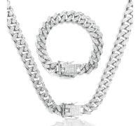 LOCCY 12 MM kubanische Gliederkette, Silber Gold Kubanische Kette Gliederkette, iced out Armband ice out Kette mit Karabinerverschluss, Länge 50/55/60cm(Silber, 50)