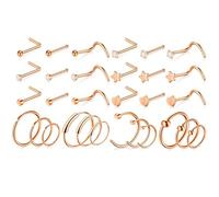 LOCCY 21-30 Stück 20G Nasenpiercing, 316L Edelstahl Nasenring Nasenstecker Silber/Gold Screw/Straight/L-Form Nasenpiercing mit Zirkonia Nostril Piercing Schmuck für Frauen Männer (Roségold-30 Stück)