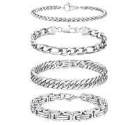LOCCY Armband Herren, 4 Stück Silber Edelstahl Herrenarmbänder Panzerkette Armband Königskette Armbänder Figaro Armbänder Glieder Link Armkette für Männer Jungs (4 Stück-Silber-4/6mm, Zentimeter, 23)