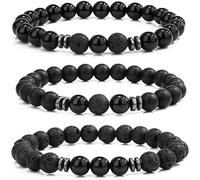 LOCCY Perlenarmband Herren, 3 Stück 8mm Perlenarmbänder Set Stretch Tigerauge Armband Lavastein Perlen Armband für Männer Fraun für Geburtstag Vatertag Weihnachten Geschenke (Schwarz+Lavastein)