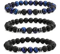 LOCCY Perlenarmband Herren, 3 Stück 8mm Perlenarmbänder Set Stretch Tigerauge Armband Lavastein Perlen Armband für Männer Fraun für Geburtstag Vatertag Weihnachten Geschenke (Blau Tigerauge+Lavastein)