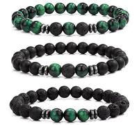 LOCCY Perlenarmband Herren, 3 Stück 8mm Perlenarmbänder Set Stretch Tigerauge Armband Lavastein Perlen Armband für Männer Fraun für Geburtstag Vatertag Weihnachten Geschenke (Grün Tigerauge+Lavastein)