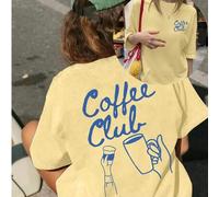 Locker sitzende Sommer Kurzarm Bluse mit Kaffee Club Aufdruck, lässige Damenmode, Sommer T-Shirt, Sommer Top, Grafik T-Shirt, Chinesisches Neujahrsfes