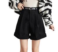 Lockere Damen Cord Weites Bein Shorts Hohe Taille Herbst Winter Bermuda Knielang Kurz, Schwarz , L
