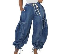 Lockere Jeans für Damen Jeans mit hoher Taille und weitem Bein Y2K Jogginghose mit Kordelzug und Fliege Modische lässige Hip-Hop Punk Jeans mit elastischem Bund (Blau,S)