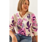 Lockerer Schnitt V-Ausschnitt Blumiger Strickpullover S/M