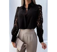 Lockeres Damenhemd,Damen Satin Bluse Shirt Schwarz Spitze Aushöhlen Langarm Vintage Mode Seidenhemden Business Hemd Mit Knopf Sexy Party Tops Casual Arbeit Büro Bluse Für Mädchen Damen,M