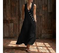 Lockeres Damenkleid Aus Polyester In Solider Farbe Mit V-ausschnitt Und Knopfleiste Ärmellos Als Weste Ideal Für Strandurlaub Cycling Fitness Für Alle Jahreszeiten Regular Schnitt Stretch(M Black)