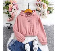 Lockeres, einfarbiges, kurzes Jacquard-Sweatshirt aus Strick mit Kapuze für Teenager-Mädchen