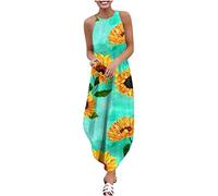 Lockeres Pulloverkleid für Frauen mit Rundhalsausschnitt, ärmelloser Rock, Sonnenblume, Bedruckt, Schlitz, Lange Damenkleider, knöchellange Kleider