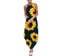 Lockeres Pulloverkleid für Frauen mit Rundhalsausschnitt, ärmelloser Rock, Sonnenblume, Bedruckt, Schlitz, Lange Damenkleider, knöchellange Kleider