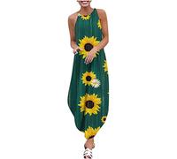 Lockeres Pulloverkleid für Frauen mit Rundhalsausschnitt, ärmelloser Rock, Sonnenblume, Bedruckt, Schlitz, Lange Damenkleider, knöchellange Kleider