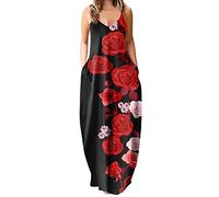 Lockeres Westenkleid für Frauen V-Ausschnitt Sling Rock Floral Bedruckte Lange Damenkleider mit knöchellangen Kleidern mit Tasche