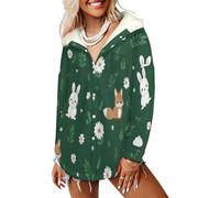 LODMLOER Damen Hoodie Fleecejacke Kapuzenjacke Süßes Häschen Winterjacke Lang Sweatjacke Cartoon Grüne Blätter Warme Plüschjacke Pullover Casual Mantel Winter Kapuzenpullover mit Taschen, Dunkelgrün