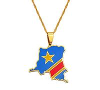 LODMLOER Democratic Republic of The Congo Pendant Necklaces - Retro Ethnic Hip Hop Map Flag Charm Pendant Necklace for Women Men Clavicle Chain Sweater Thin Chain Jewelry Party Gift