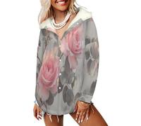 LODMLOER Fleecejacke Damen mit Kapuze Alte Rose Fleece Hoodie Elegante Blumen Sweatjacke Herbst Winter Warm Kapuzenpullover Mittellang Lässig Sweatshirt mit Taschen, Grau