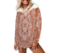 LODMLOER Kapuzenpullover Damen Lineares Florales Muster Warm Hoodie Fleecejacke Mandala Langarm Kapuzenjacke Sweatshirt Wintermantel mit Taschen, S-6XL, Korallenrot