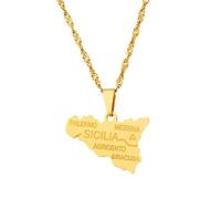 LODMLOER Karte Halskette Anhänger - 316L glänzend Italien Sizilien Karte Halskette Stadtplan Halskette Hip Hop Retro Schmuck Herren Damen Paar Halskette Patriotischer Schmuck,golden,45cm