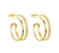 LÖB 925 Silber Creolen Zirkonia, 14K 585er Gold vergoldet Damen Rund Doppel Ohrringe Hängend Modern Groß Glitzer Strass Elegant Damen Breit Minimalistisch