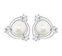 LÖB Damen Ohrstecker 925 Silber rhodiniert mit Perlen Zirkonia Strass Steinen 10mm Perlenohrringe Dreieck Stecker Ohrringe Brautschmuck