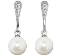 LÖB Damen Perlenohrringe Hängend 925 Silber mit Zirkonia Strass Steinen Tropfen-Form Perlen Anhänger Weiß Ohrringe Ohrstecker Brautschmuck
