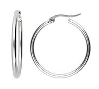 LÖB Unisex Titan Silber Creolen Ohrringe Ohrstecker Poliert Rund Stecker mit Klappbügel 15mm 20mm 30mm 40mm 50mm 60mm Damen Herren Kinder