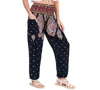 Lofbaz Damen Haremshose Yogahose Pumphose Hippie Hose Boho Kleidung Festival Outfit Sommerhose Leicht Sommer Hosen - Floral 3 Schwarz S