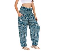 Lofbaz Damen Haremshose Yogahose Pumphose Hippie Hose Boho Kleidung Festival Outfit Sommerhose Leicht Sommer Hosen - Elephant 1 Teal Grün S