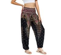 Lofbaz Damen Haremshose Yogahose Pumphose Hippie Hose Boho Kleidung Festival Outfit Sommerhose Leicht Sommer Hosen - Peacock 1 Schwarz B M