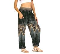 Lofbaz Damen Haremshose Yogahose Pumphose Hippie Hose Boho Kleidung Festival Outfit Sommerhose Leicht Sommer Hosen - Floral 2 Dunkelgrün S