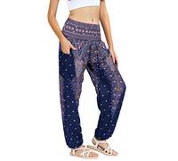 Lofbaz Damen Haremshose Yogahose Pumphose Hippie Hose Boho Kleidung Festival Outfit Sommerhose Leicht Sommer Hosen - Peacock 1 Dunkelblau L