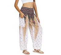 Lofbaz Damen Haremshose Yogahose Pumphose Hippie Hose Boho Kleidung Festival Outfit Sommerhose Leicht Sommer Hosen - Peacock 1 Weiß XXL Große Größen