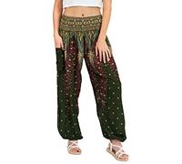 Lofbaz Damen Haremshose Yogahose Pumphose Hippie Hose Boho Kleidung Festival Outfit Sommerhose Leicht Sommer Hosen - Peacock 1 Grün XL