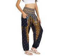 Lofbaz Damen Haremshose Yogahose Pumphose Hippie Hose Boho Kleidung Festival Outfit Sommerhose Leicht Sommer Hosen - Peacock 1 Schwarz 3XL Große Größen