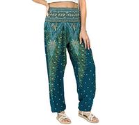 Lofbaz Damen Haremshose Yogahose Pumphose Hippie Hose Boho Kleidung Festival Outfit Sommerhose Leicht Sommer Hosen - Peacock 1 Teal Grün 4XL Große Größen