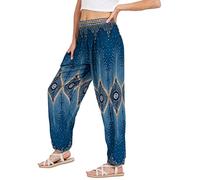 Lofbaz Damen Haremshose Yogahose Pumphose Hippie Hose Boho Kleidung Festival Outfit Sommerhose Leicht Sommer Hosen - Floral 2 Teal Grün S
