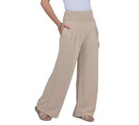 Lofbaz Damen Leinen Palazzo Weite Beinhose Luftig Lounge Freizeit Hohe Taille Sommer Strand Boho Lange Hose mit Taschen Khaki XL