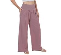 Lofbaz Damen Sommer Fließend Baumwolle Leinen Palazzo Weite Hosen Strand Hohe Taille Hose Boho Lange Loungehose mit Taschen Lila Rose S
