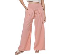 Lofbaz Damen Sommer Fließend Baumwolle Leinen Palazzo Weite Hosen Strand Hohe Taille Hose Boho Lange Loungehose mit Taschen Rosa Holzrose S