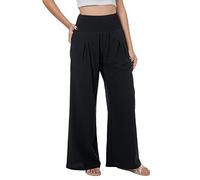 Lofbaz Damen Sommer Fließend Baumwolle Leinen Palazzo Weite Hosen Strand Hohe Taille Hose Boho Lange Loungehose mit Taschen Schwarz L
