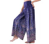 Lofbaz Damen weites Bein Palazzo Hose Yoga Salon Hippie Haremshose Hosen - Peacock 1 Dunkelblau und Rot - M