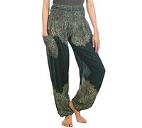 Lofbaz Haremshose Damen Boho Yogahose Pumphose Hippie Hose Kleidung Festival Outfit Sommerhose Leicht Sommer Hosen - Floral Dunkelgrün 4XL Große Größen