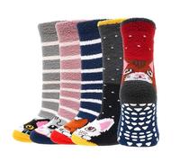 LOFIR Warme Kinder Kuschelsocken für Mädchen: Flauschige Thermo Socken mit Noppen - Witzige Tier Muster ABS Stoppersocken Dicke Haussocken für Winter Weihnachten Geschenke 5 Paar Katze 27-30