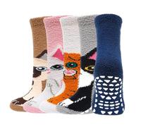 LOFIR Warme Kinder Kuschelsocken für Mädchen: Flauschige Thermo Socken mit Noppen - Witzige Tier Muster ABS Stoppersocken Dicke Haussocken für Winter Weihnachten Geschenke 5 Paar Süße Katze 35-38