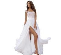 LOGEA Hochzeitskleid Damen Lang Brautkleider Elegant Spitze Brautmode Rückenfrei Abiball Prinzessin Kleider Abendkleider Elegant Für Hochzeit,Weiß,L