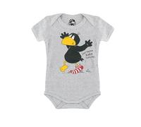Logoshirt® Der kleine Rabe Socke I Socke rot-Weiss I Baby Body Print I Kurzarm I Kleinkind I Mädchen & Jungen I grau I Lizenziertes Originaldesign I Größe 98/104