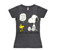 Logoshirt® Peanuts I Snoopy und Woodstock I Chicks Are Confusing I T-Shirt Print I Damen I kurzärmlig I dunkelgrau I Lizenziertes Originaldesign I Größe XS