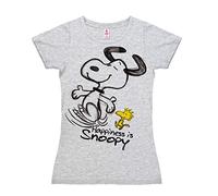 Logoshirt® Peanuts I Snoopy und Woodstock I Happiness is Snoopy I T-Shirt Print I Damen I kurzärmlig I grau-meliert I Lizenziertes Originaldesign I Größe S